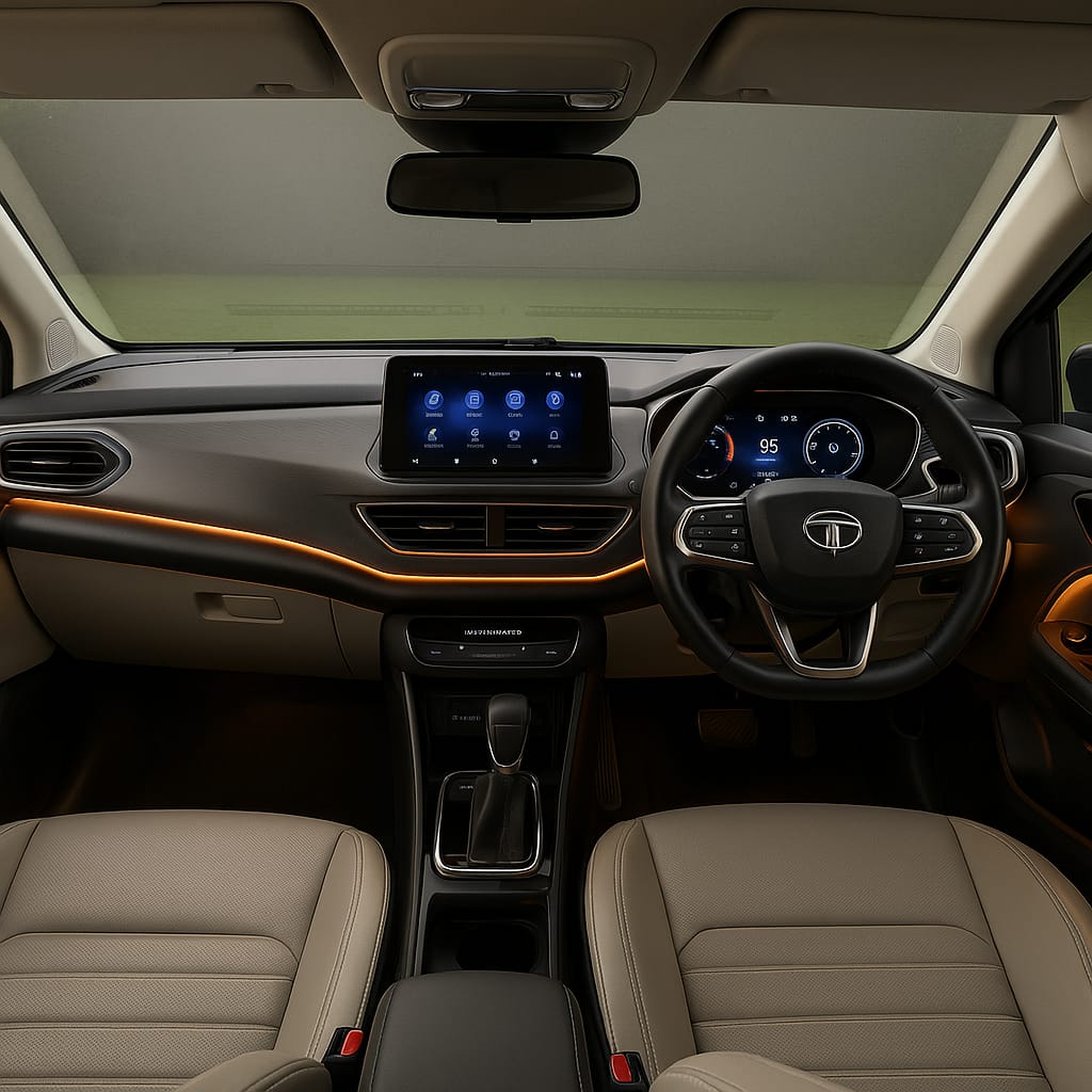 Interior of 2025 Tata Altroz Facelift featuring 26.03 cm HD touchscreen, digital cluster, 2-spoke steering, ambient lighting, and air purifier