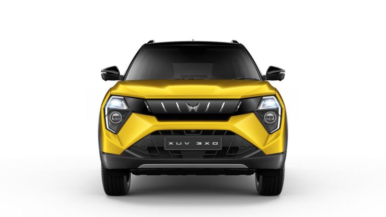 Front view of yellow Mahindra XUV 3XO SUV