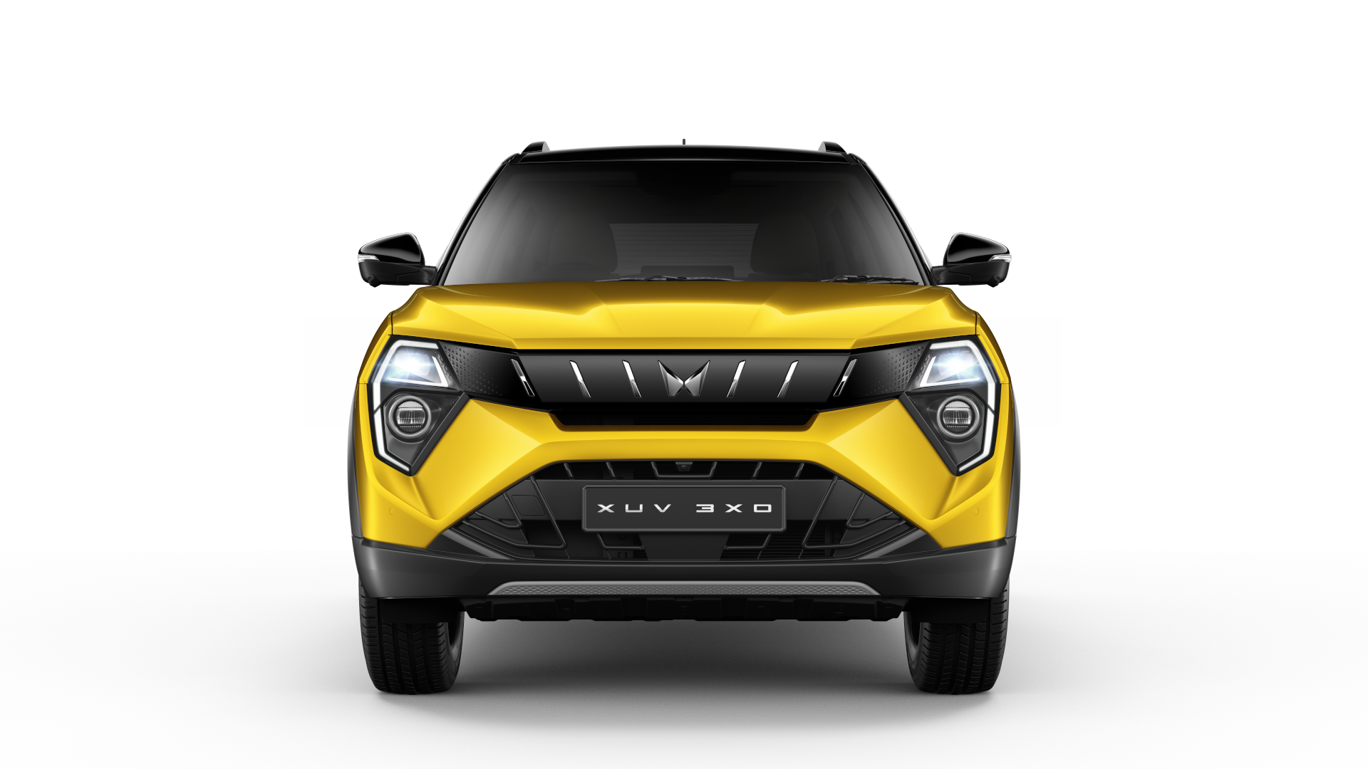 Front view of yellow Mahindra XUV 3XO SUV