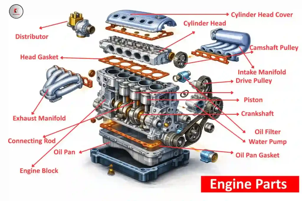 Different types of parts in car engine