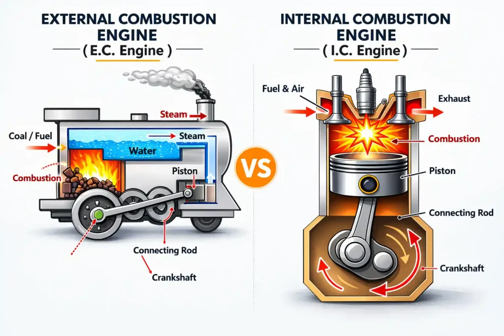 Comparison of External combustion engine and Internal combustion engine types 