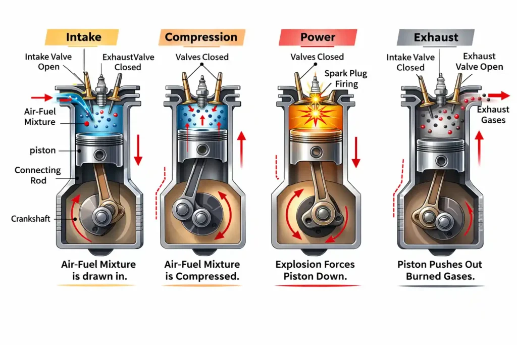 Four-stroke engine operation diagram.