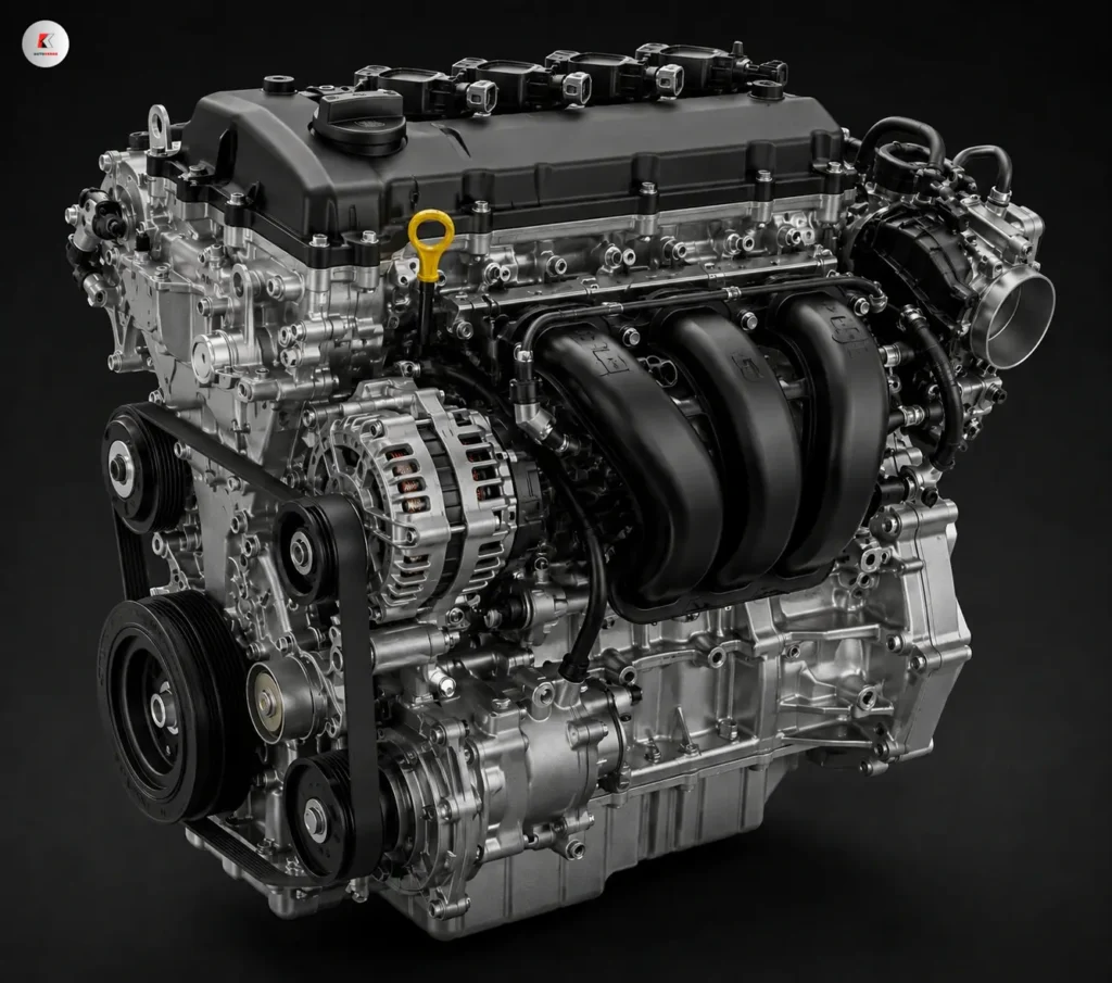 Modern four-cylinder petrol engine with intake manifold, alternator, and belt drive system displayed in a detailed automotive engineering view.