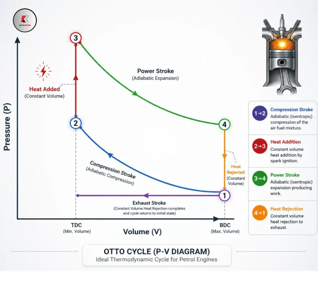 Otto cycle P–V diagram showing compression, heat addition, power stroke, and heat rejection processes in a petrol engine.